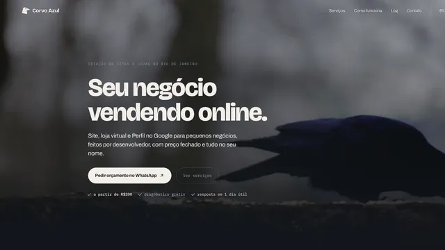 Página inicial do corvoazul.com no computador: o título Seu negócio vendendo online sobre a foto de um corvo.