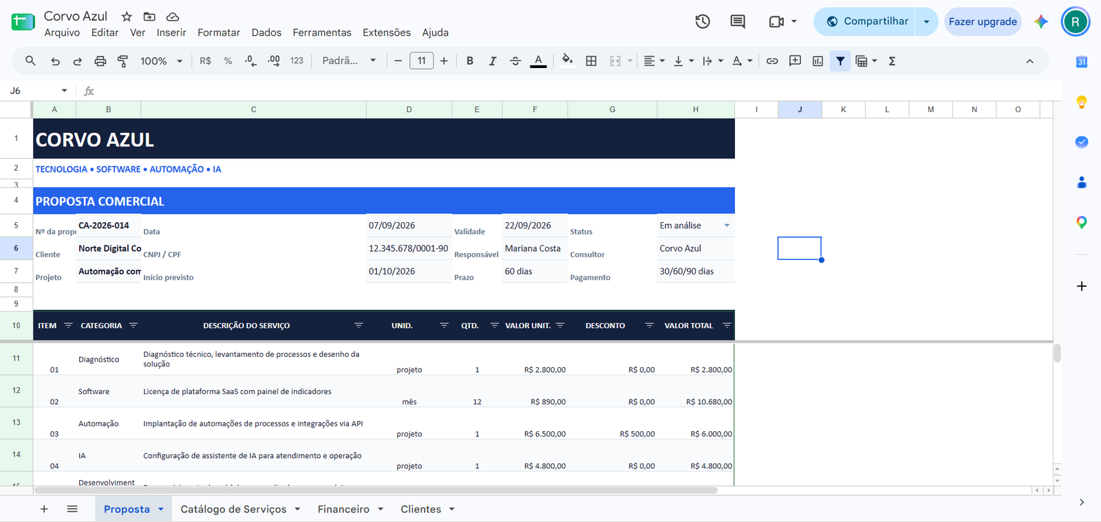 Planilha de exemplo antes da reformatação, com dados sem organização visual
