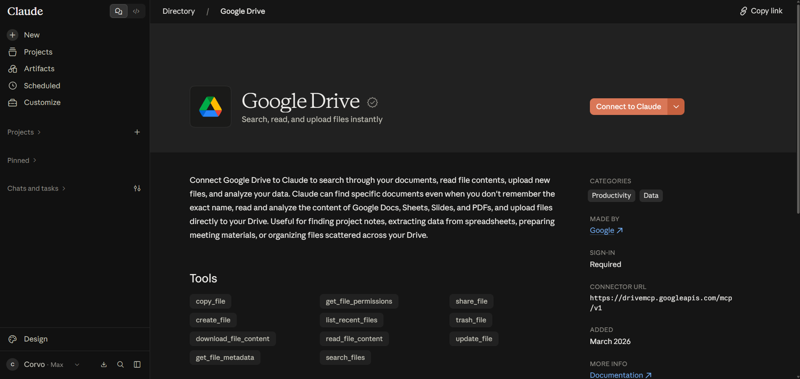 Página do conector Google Drive no diretório do Claude, com o botão Connect to Claude