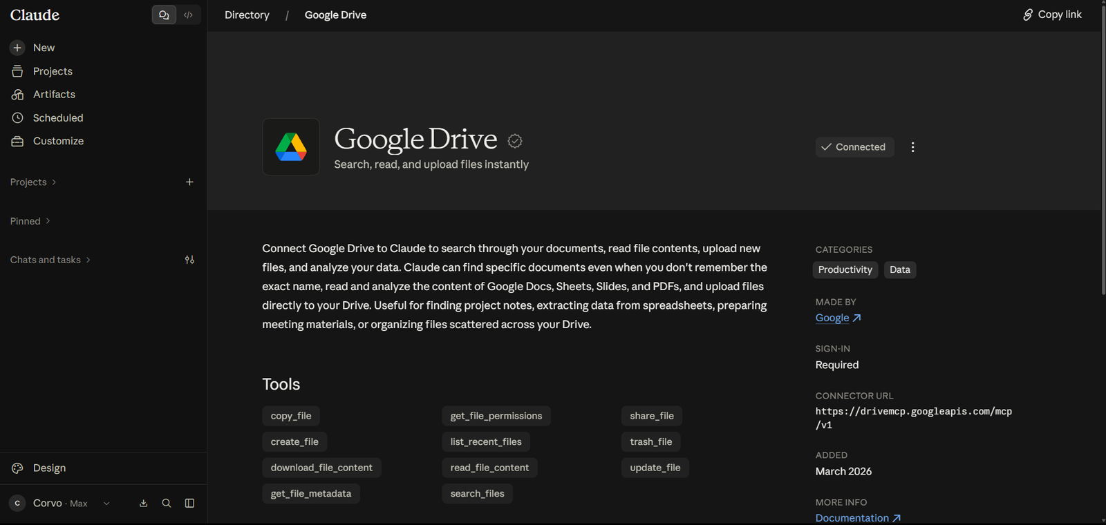 Conector Google Drive já conectado, mostrando as ferramentas disponíveis