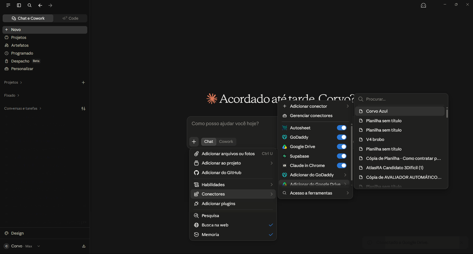 Menu de conectores do Claude Desktop com o Google Drive ativado e busca de arquivos