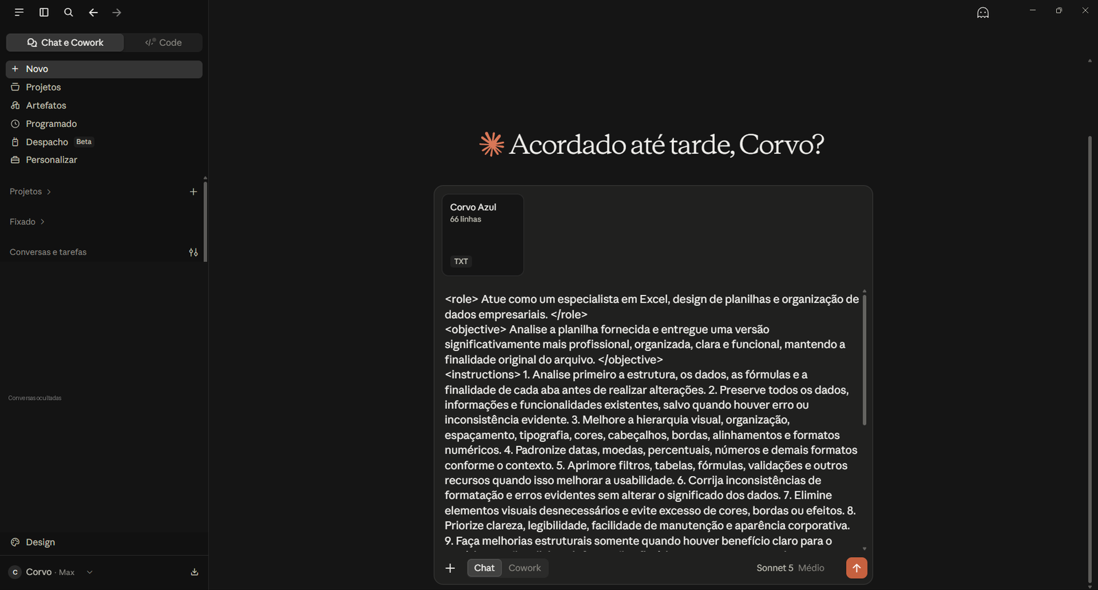 Prompt de reformatação colado no Claude Desktop, junto com o arquivo da planilha original