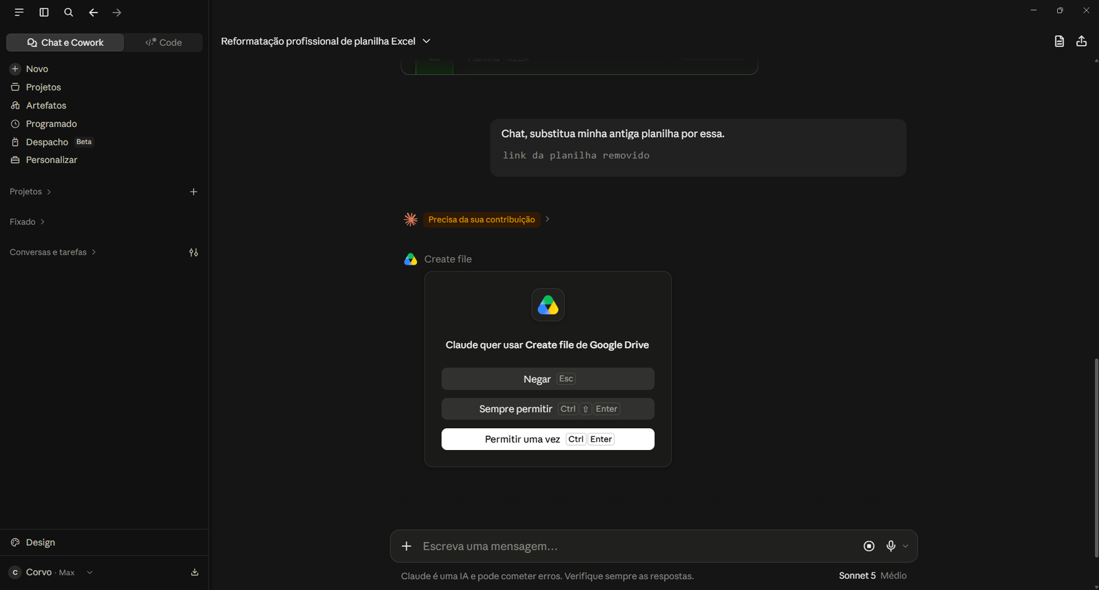 Claude pedindo permissão para usar a ferramenta Create file do Google Drive antes de substituir o arquivo